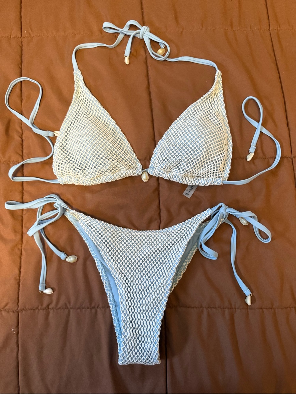 Zaful light blue and white fish net bikini set w/tie bottom and top, Size 4 or S